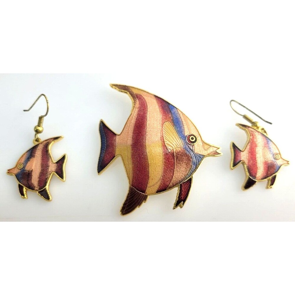 Vintage Pink Red Cloisonne Enamel Angel Fish Brooch Pin & Earring Set